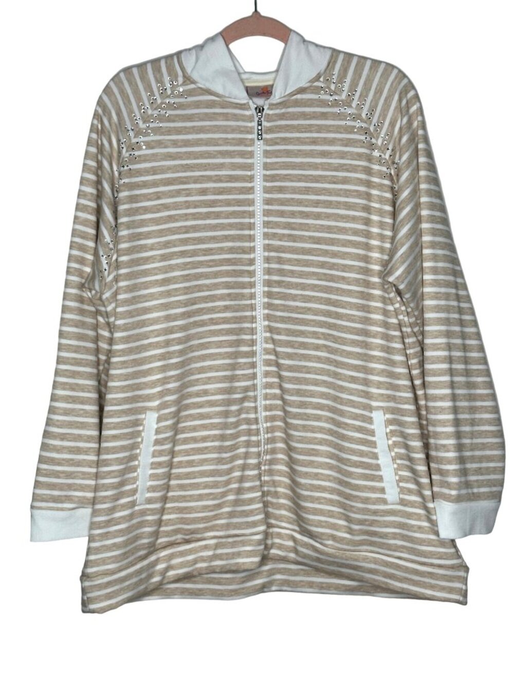 Quacker Factory beige white stripe rhinestone zip front sweatshirt size XL